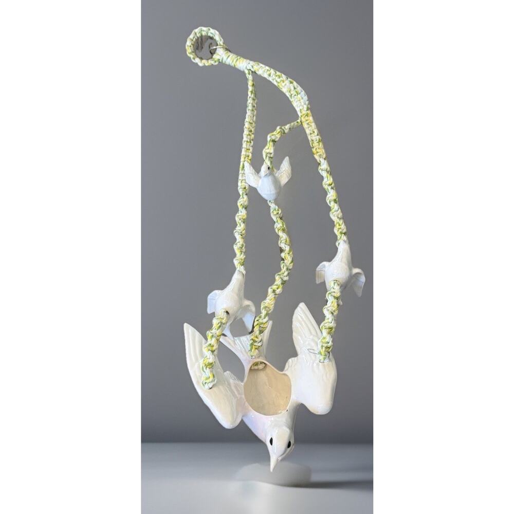 Vintage Macrame Planter-ceramic Birds In Flight Mid Century Modern